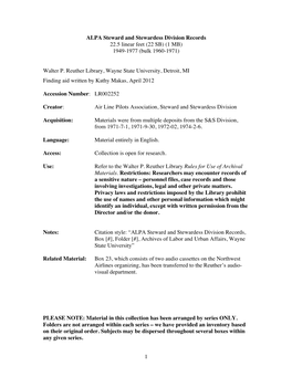 ALPA Steward and Stewardess Division Records 22.5 Linear Feet (22 SB) (1 MB) 1949-1977 (Bulk 1960-1971)