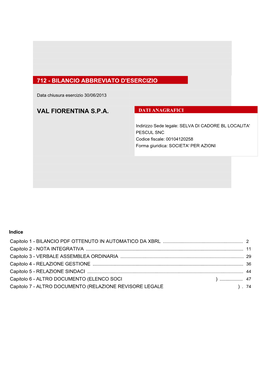 Val Fiorentina S.P.A. Dati Anagrafici