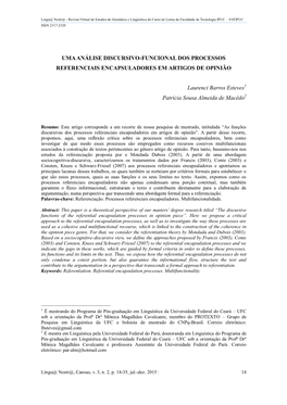 Uma Análise Discursivo-Funcional Dos Processos Referenciais Encapsuladores Em Artigos De Opinião