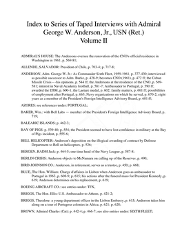 Index to Series of Taped Interviews with Admiral George W. Anderson, Jr., USN (Ret.) Volume II