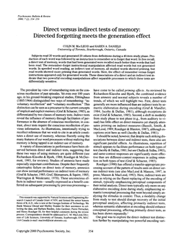 Direct Versus Indirect Tests of Memory: Directed Forgetting Meets The