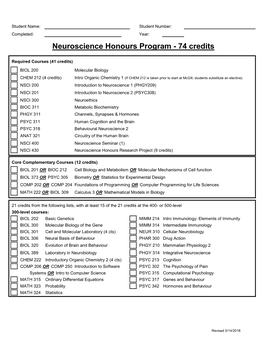 Neuroscience Honours Program - 74 Credits