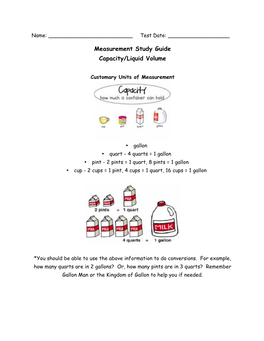 Measurement Study Guide Capacity/Liquid Volume