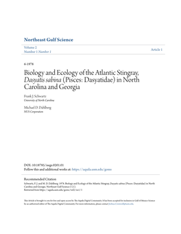 Biology and Ecology of the Atlantic Stingray, Dasyatis Sabina (Pisces: Dasyatidae) in North Carolina and Georgia Frank J