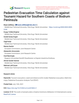 Pedestrian Evacuation Time Calculation Against Tsunami Hazard for Southern Coasts of Bodrum Peninsula