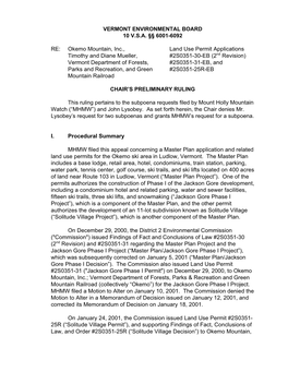 RE: Okemo Mountain, Inc., Land Use Permit Applications Timothy And