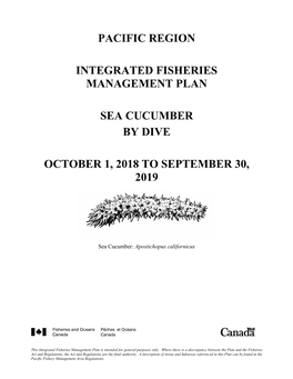 Pacific Region Integrated Fisheries Management Plan Sea Cucumber by Dive October 1, 2018 to September 30, 2019