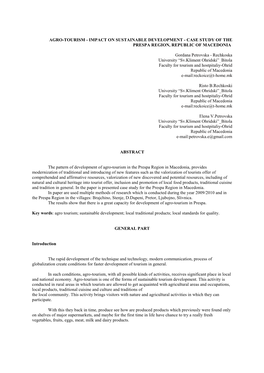 Agro-Tourism - Impact on Sustainable Development - Case Study of the Prespa Region, Republic of Macedonia