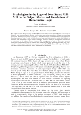 Psychologism in the Logic of John Stuart Mill: Mill on the Subject Matter and Foundations of Ratiocinative Logic