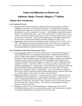 Cases and Materials on Patent Law Adelman, Rader, Thomas, Wegner, 1St Edition