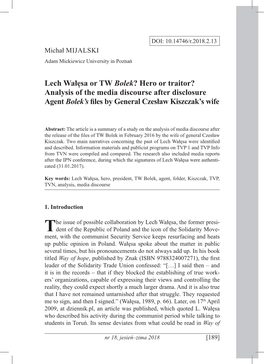 Lech Wałęsa Or TW Bolek? Hero Or Traitor? Analysis of the Media Discourse After Disclosure Agent Bolek’S Files by General Czesław Kiszczak’S Wife