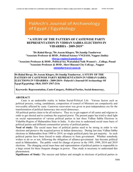 A Study of the Pattern of Castewise Party Representation in Vidhan Sabha Elections in Vidarbha - 2009-2019 Pjaee, 18 (4) (2021)