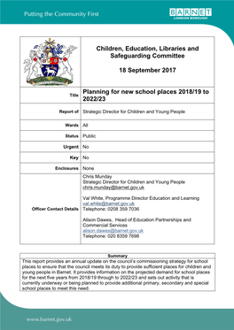 Planning for New School Places 2018/19 to 2022/23