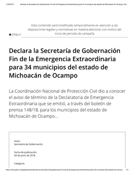 Declara La Secretaría De Gobernación Fin De La Emergencia Extraordinaria Para 34 Municipios Del Estado De Michoacán De Ocampo | Se…