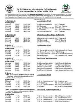 Der BSV Gelenau Informiert Alle Fußballfreunde Spiele Unserer Mannschaften Im Mai 2019