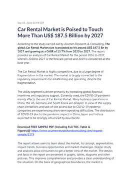 Car Rental Market Is Poised to Touch More Than US$ 187.5 Billion by 2027