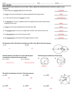 1. the Vertex of a Central Angle Lies on the Circle. Radius TRUE Central Semicircle Diameter Inscribed TRUE Circumference