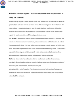 Molecular Concepts of Gene; Cis-Trans Complementation Test; Structure of Phage T4, Rii Locus