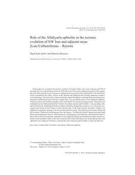 Role of the Allahyarlu Ophiolite in the Tectonic Evolution of NW Iran and Adjacent Areas (Late Carboniferous – Recent)