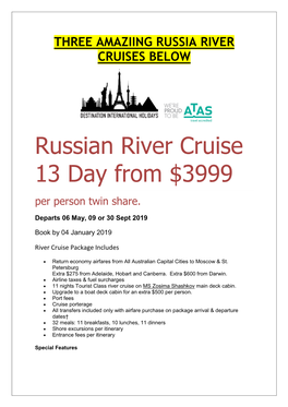 Russian River Cruise 13 Day from $3999 Per Person Twin Share