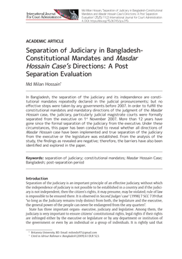 Separation of Judiciary in Bangladesh-Constitutional Mandates and Masdar Hossain Case’S Directions