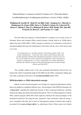 Edward Shorter's Comment on Jack R. Foucher Et Al.'S Wernicke-Kleist- Leonhard Phenotypes of Endogenous Psychoses: a Review