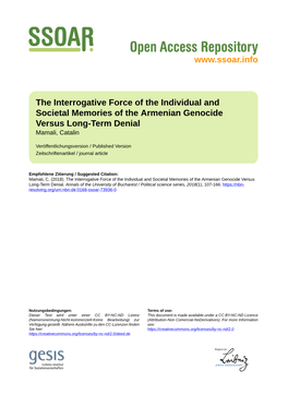 The Interrogative Force of the Individual and Societal Memories of the Armenian Genocide Versus Long-Term Denial Mamali, Catalin