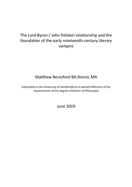 The Lord Byron / John Polidori Relationship and the Foundation of the Early Nineteenth-Century Literary Vampire