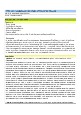 AARK GUÍA PARA EL MANEJO EX-SITU DE MANNOPHRYNE COLLARIS Fecha De Finalización: 29 Mayo 2016 Autor: Enrique La Marca