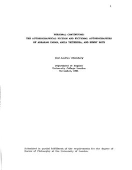 Personal Continuums: the Autobiographical Fiction and Fictional Autobiographies of Abraham Cahan, Anzia Yezierska, and Henry Roth