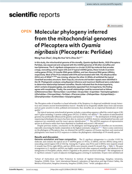 Molecular Phylogeny Inferred from the Mitochondrial Genomes of Plecoptera with Oyamia Nigribasis (Plecoptera: Perlidae) Meng‑Yuan Zhao1, Qing‑Bo Huo1 & Yu‑Zhou Du1,2*