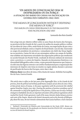 Os Meios De Conciliação Sem Se Desprezarem Os Da Força”: a Atuação Do Barão De Caxias Na Pacificação Da Guerra Dos Farrapos (1842-1845)
