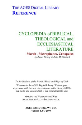 CYCLOPEDIA of BIBLICAL, THEOLOGICAL and ECCLESIASTICAL LITERATURE Merab - Metrophanes, Critopulus by James Strong & John Mcclintock