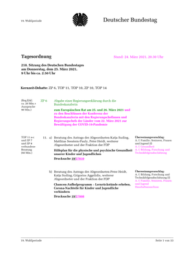 Amtliche Tagesordnung Der 218. Sitzung Des 19. Deutschen