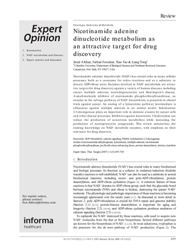 Nicotinamide Adenine Dinucleotide Metabolism As an Attractive Target for Drug 1