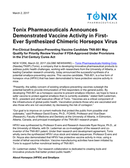 Tonix Pharmaceuticals Announces Demonstrated Vaccine Activity in First- Ever Synthesized Chimeric Horsepox Virus