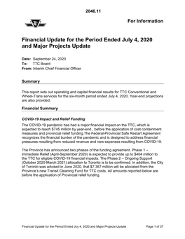 Financial Update for the Period Ended July 4, 2020 and Major Projects Update