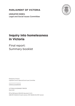 Inquiry Into Homelessness in Victoria Final Report: Summary Booklet