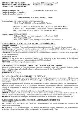 DEPARTEMENT DU BAS-RHIN Extrait Des Délibérations Du Conseil ARRONDISSEMENT DE MOLSHEIM Municipal Du 8 Novembre 2016 COMMUNE DE LUTZELHOUSE