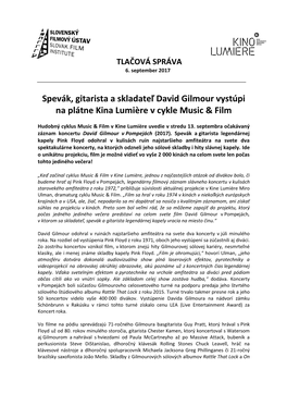 Spevák, Gitarista a Skladateľ David Gilmour Vystúpi Na Plátne Kina Lumière V Cykle Music & Film