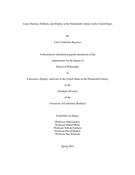Lusus Naturae, Folklore, and Display in the Nineteenth Century in the United States by Lena Verderano Reynoso a Dissertation