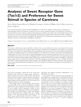Analyses of Sweet Receptor Gene (Tas1r2) and Preference for Sweet Stimuli in Species of Carnivora