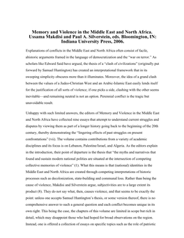 Memory and Violence in the Middle East and North Africa. Ussama Makdisi and Paul A