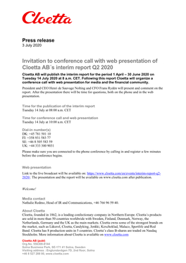 Invitation to Conference Call with Web Presentation of Cloetta AB´S Interim Report Q2 2020