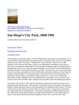 San Diego's City Park, 1868-1902 an Early Debate on Environment and Profit