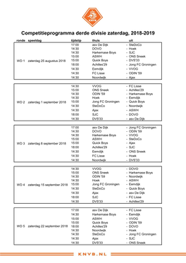 Competitieprogramma Derde Divisie Zaterdag, 2018-2019