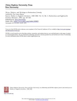 Wives, Widows, and Writings in Restoration Comedy Author(S): Jon Lance Bacon Source: Studies in English Literature, 1500-1900, Vol