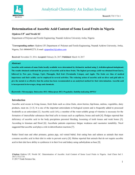 Determination of Ascorbic Acid Content of Some Local Fruits In