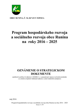 Program Hospodárskeho Rozvoja a Sociálneho Rozvoja Obce Runina Na Roky 2016 – 2025