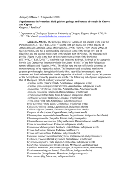 Antiquity 82 Issue 317 September 2008 Supplementary Information: Field Guide to Geology and Botany of Temples in Greece and Cyprus